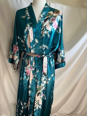 Teal Floral Satin Kimono Robe